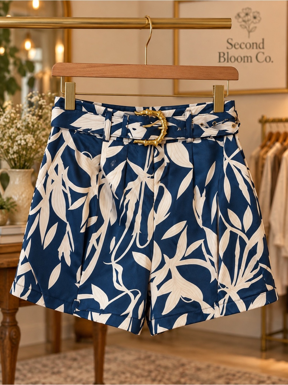 Navy & Ivory Abstract Print Belted Dress Size L - Picture 2 of 3